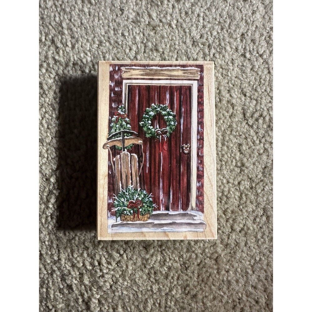 Stamps Happen Inc. #80372 Christmas Door With Sleigh Wood Mounted Rubber Stamp